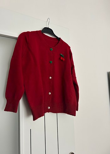 Kırmızı Nakışlı Düğmeli Kadın Hırka - Görsel 3