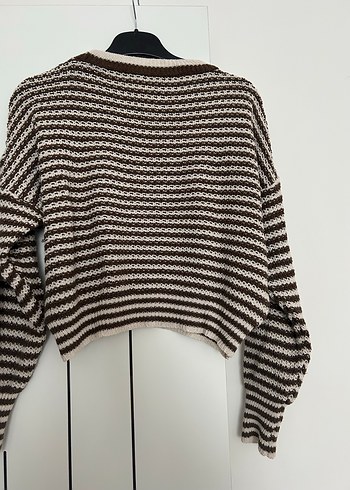 Çizgili Kahverengi Gri Örgü Kadın Kazak - Görsel 4