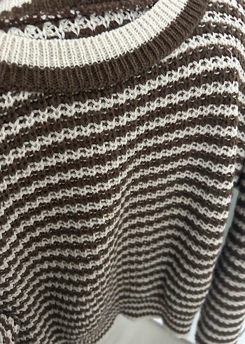 Çizgili Kahverengi Gri Örgü Kadın Kazak - Görsel 2