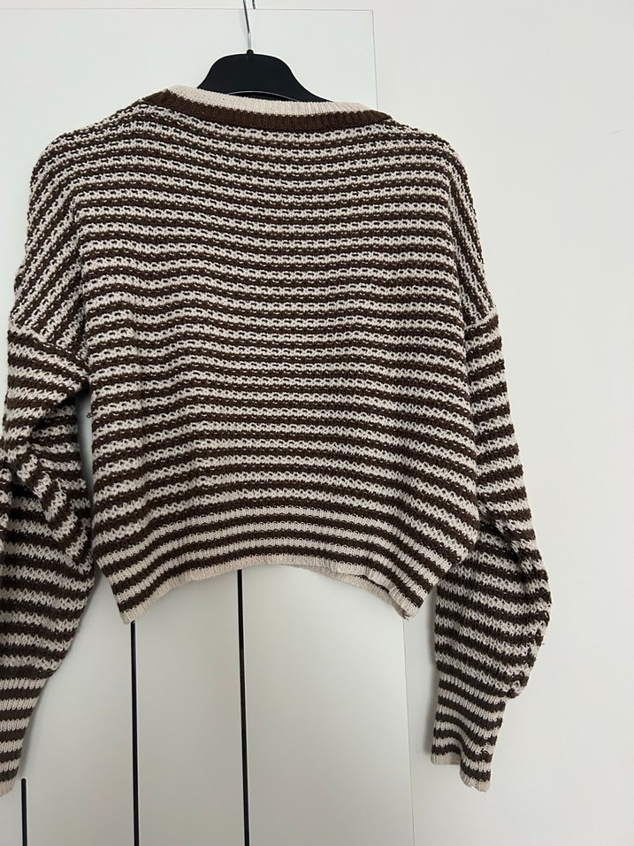 Çizgili Kahverengi Gri Örgü Kadın Kazak - Görsel 4