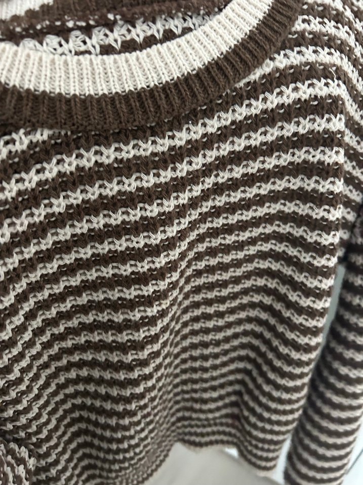 Çizgili Kahverengi Gri Örgü Kadın Kazak - Görsel 2