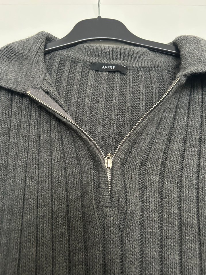 Gri Yarım Fermuarlı Yün Kadın Kazak - Görsel 3