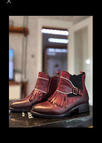 Bordo Deri Bohem Kadın Bot - Görsel 3