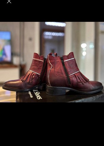 Bordo Deri Bohem Kadın Bot - Görsel 4