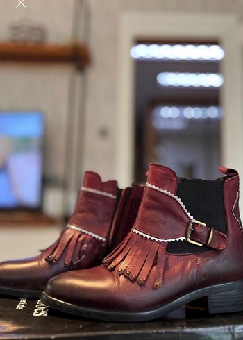 Bordo Deri Bohem Kadın Bot - Görsel 5
