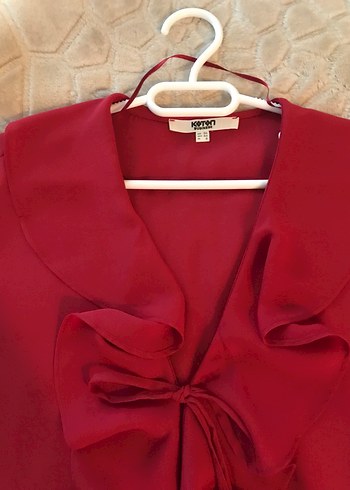 Kırmızı Volanlı Kadın Bluz, V Yaka, Uzun Kollu - Görsel 9