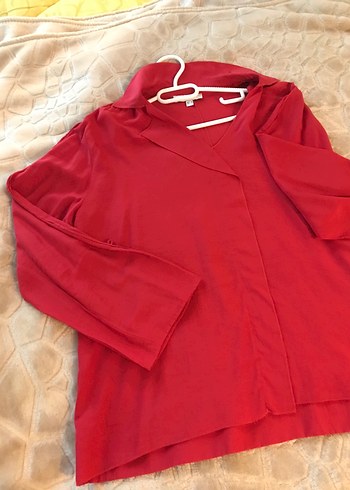 Kırmızı V Yaka Uzun Kollu pamukllu Gömlek - Görsel 4