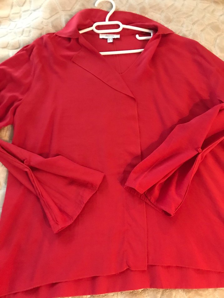 Kırmızı V Yaka Uzun Kollu  pamukllu Gömlek - Görsel 2