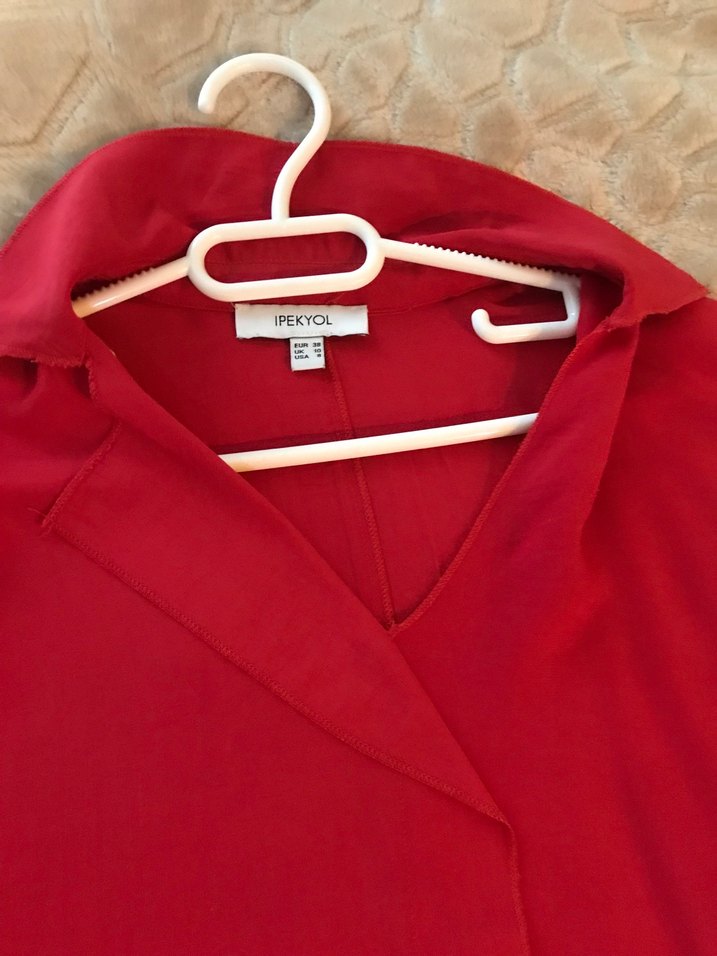 Kırmızı V Yaka Uzun Kollu  pamukllu Gömlek - Görsel 5