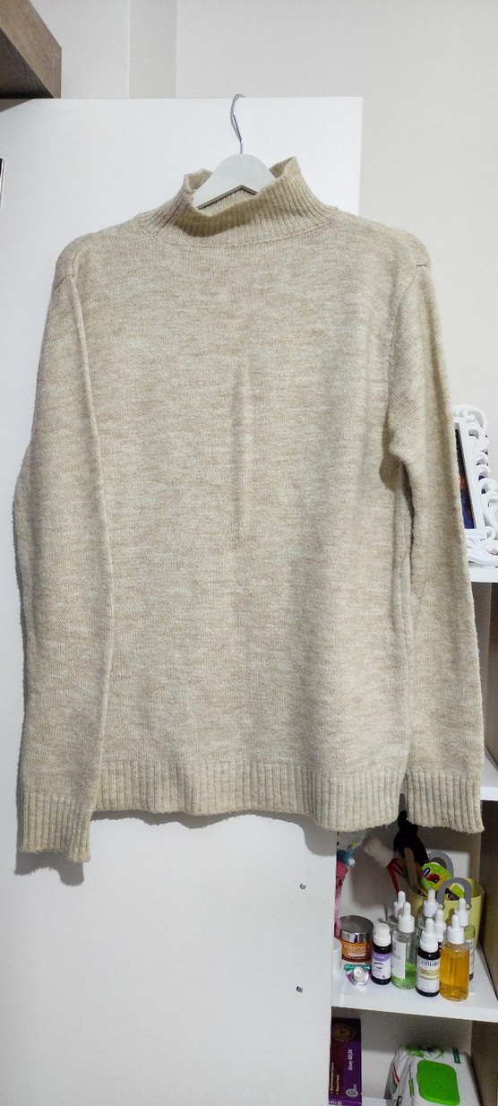 Bej V Yaka Kadın Triko Kazak - Görsel 4