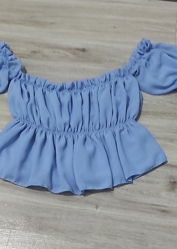 Mavi Mini Bluz, Volanlı, Kayık Yaka - Görsel 2