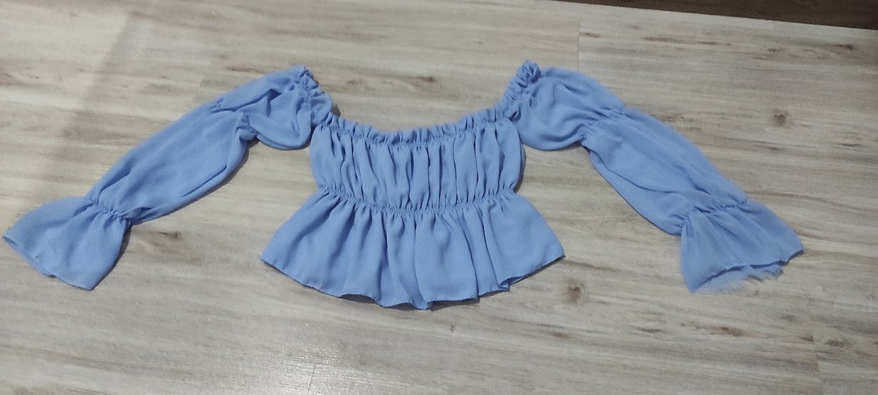 Mavi Mini Bluz, Volanlı, Kayık Yaka - Görsel 2