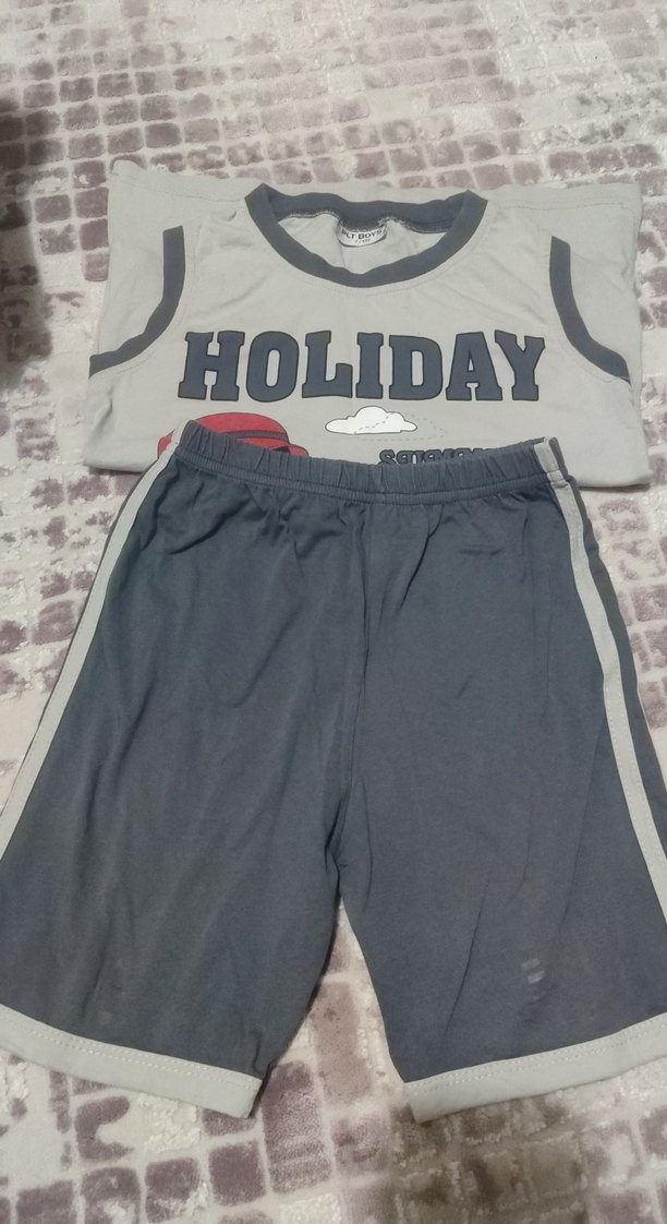 Erkek Çocuk Gri Baskılı Kolsuz Tişört şort takım - Görsel 2