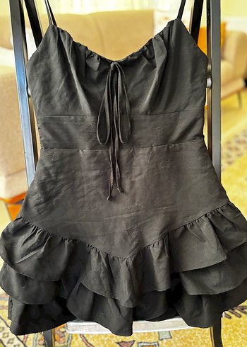 s Beden Fulla moda Fırfırlı Siyah Mini Strappy Elbise