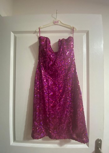 Pembe Payetli Mini Straplez Elbise - Görsel 3