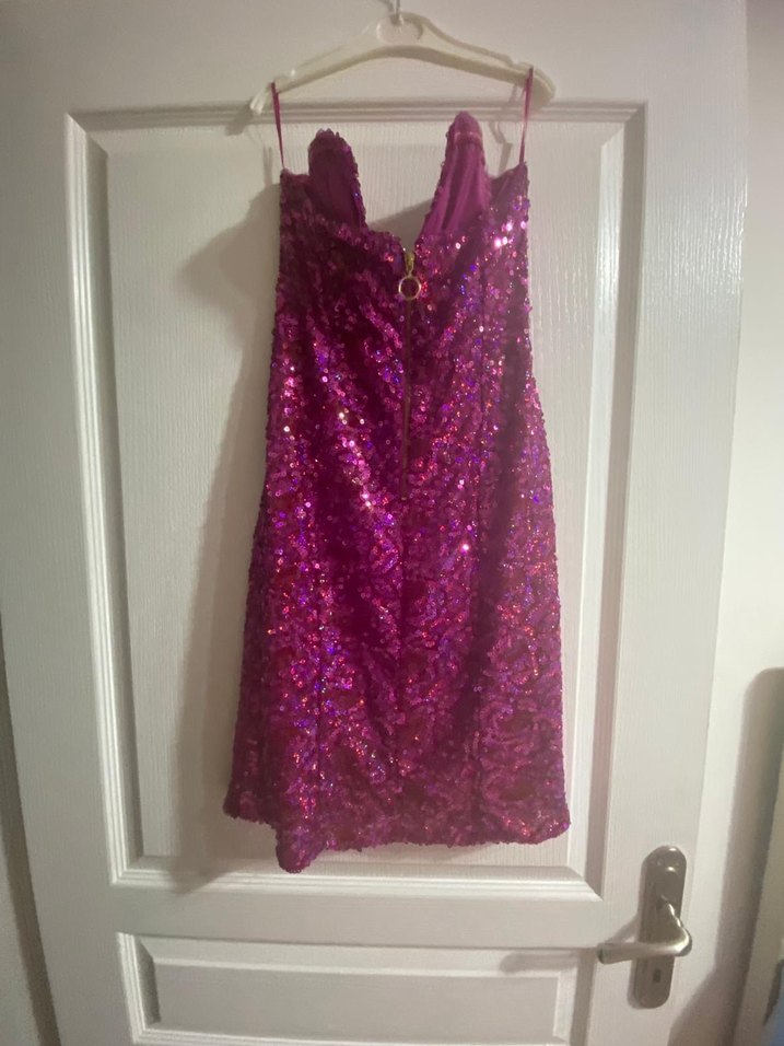 Pembe Payetli Mini Straplez Elbise - Görsel 4