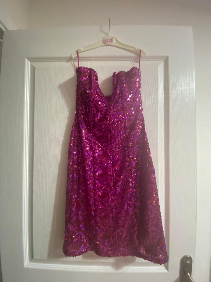 Pembe Payetli Mini Straplez Elbise - Görsel 3