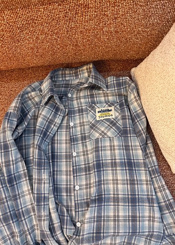 Kadın Gri Mavi Ekose Pamuklu Gömlek - Görsel 4