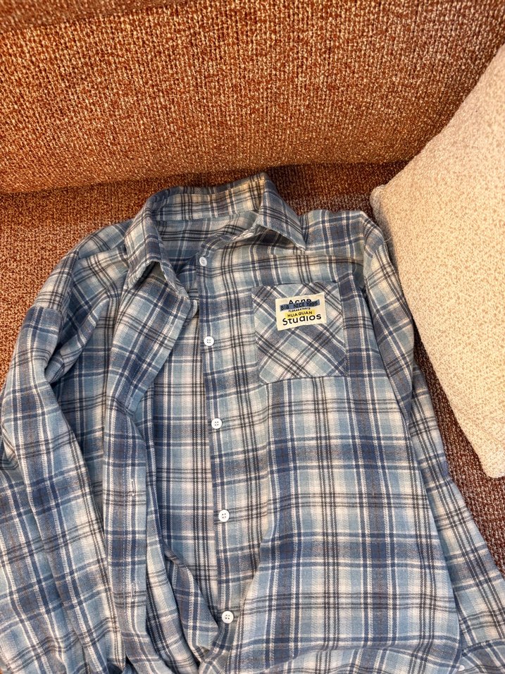 Kadın Gri Mavi Ekose Pamuklu Gömlek - Görsel 4