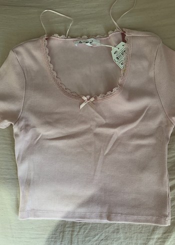 Dantel Detaylı Pembe K V Yaka Tişört - Görsel 2