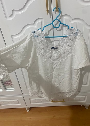 Diğer Dantel Detaylı Beyaz Keten Bohem Bluz