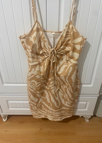 xl Beden Bej Zebra Desenli Kadın Mini Elbise