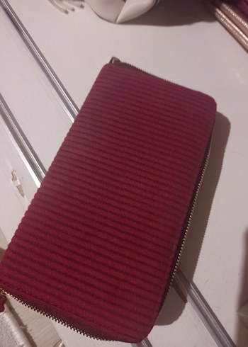 Bordo Süet Nakışlı Fermuarlı Kadın Portföy Cüzdan - Görsel 4