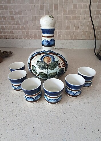 Rus El Yapımı Vintage Seramik İçki Sürahi ve 6 Bardak - Görsel 2