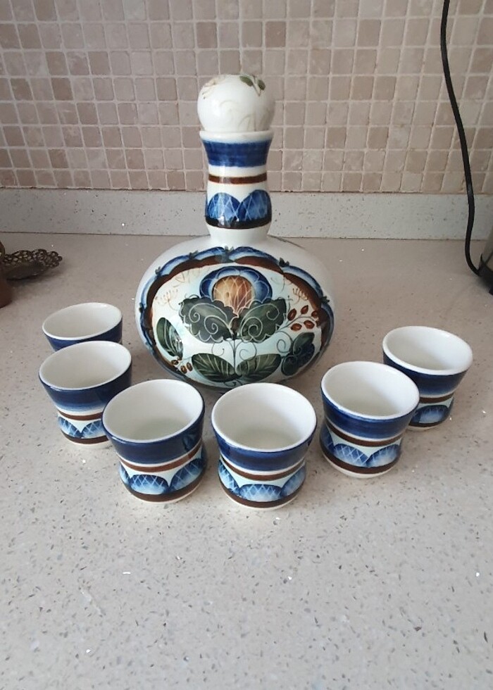 Rus El Yapımı Vintage Seramik İçki Sürahi ve 6 Bardak - Görsel 2