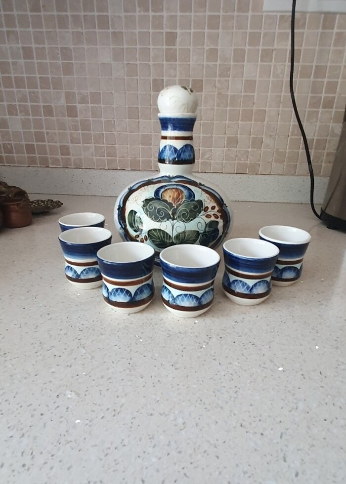 Rus El Yapımı Vintage Seramik İçki Sürahi ve 6 Bardak - Görsel 3