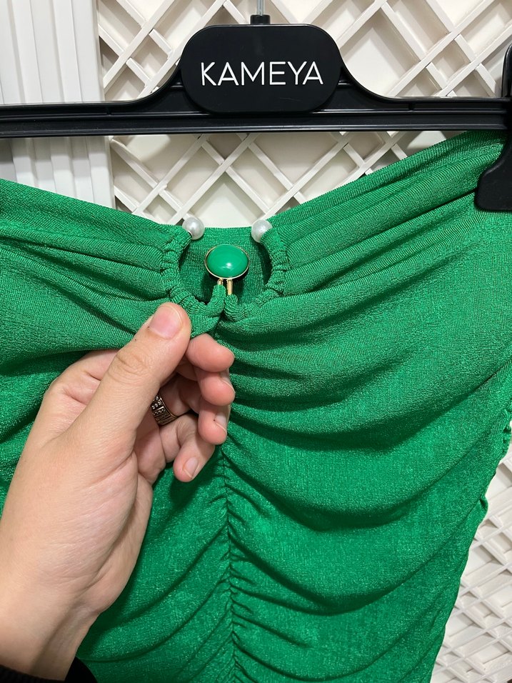 Yeşil Drapeli Uzun Kalem Elbise - Görsel 5
