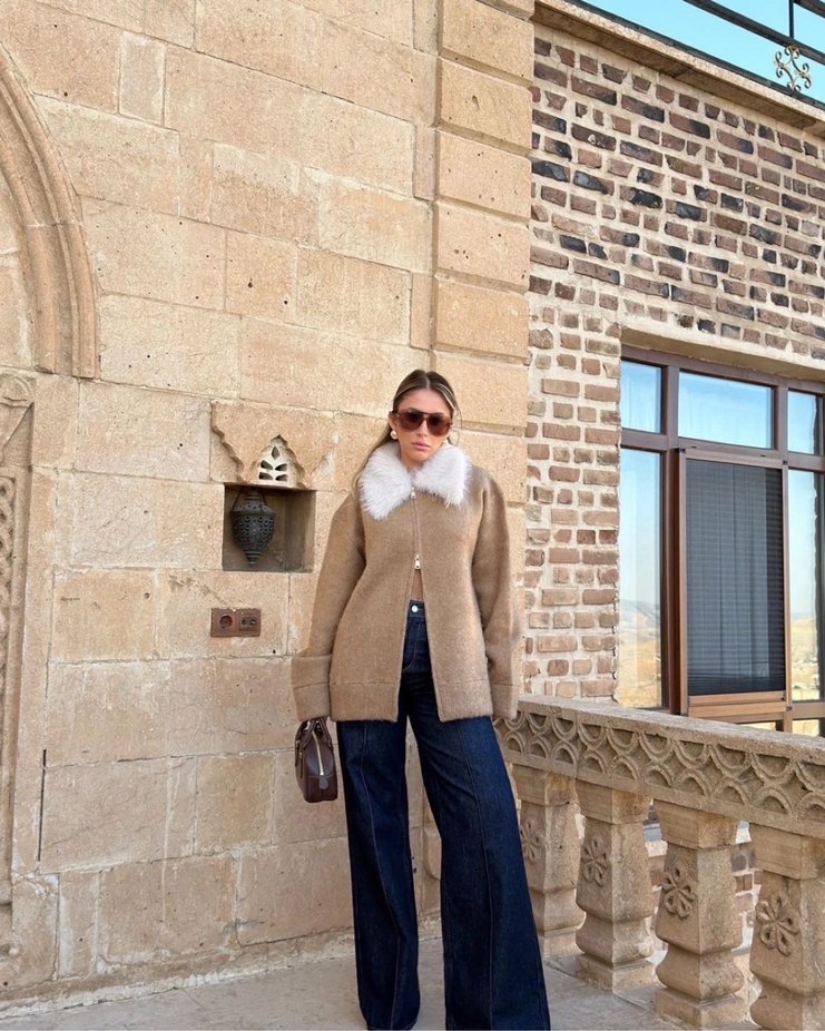 Camel Yumuşak Yaka Detaylı Midi Kadın Peluş Ceket - Görsel 2