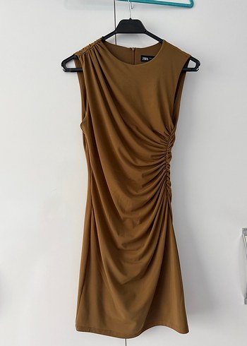 Taba Drapeli Straplez Kadın Triko Elbise - Görsel 3