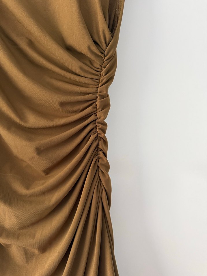 Taba Drapeli Straplez Kadın Triko Elbise - Görsel 4