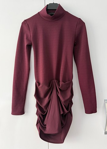 Bordo Drapeli Mini Kadın Elbise - Görsel 5