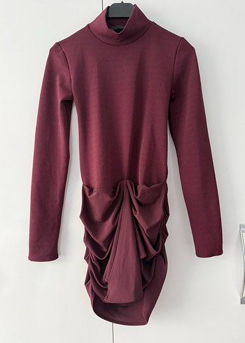 Bordo Drapeli Mini Kadın Elbise - Görsel 4