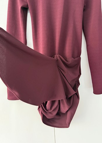 Bordo Drapeli Mini Kadın Elbise - Görsel 7