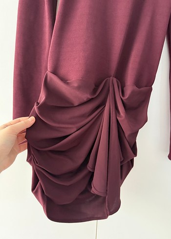 Bordo Drapeli Mini Kadın Elbise - Görsel 12