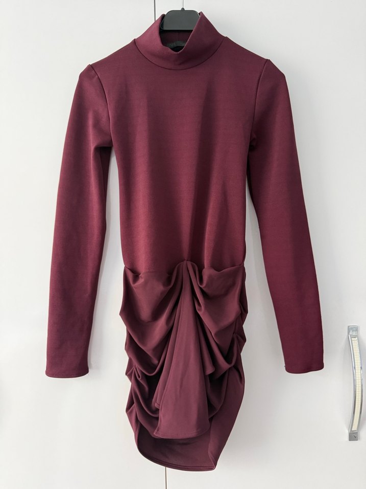 Bordo Drapeli Mini Kadın Elbise - Görsel 5