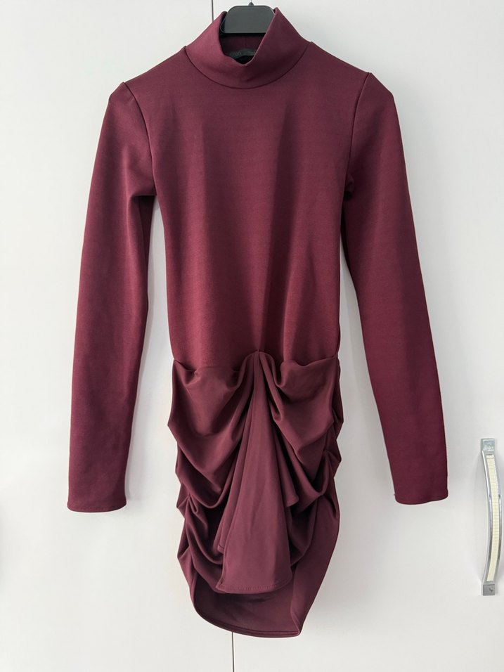 Bordo Drapeli Mini Kadın Elbise - Görsel 4