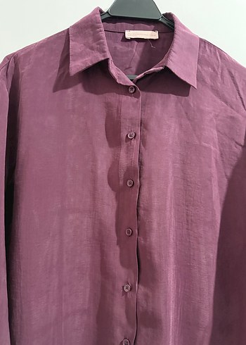 Quzu mürdüm Düğmeli Keten Kadın Gömlek - Görsel 4