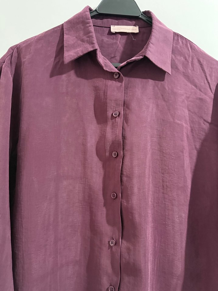 Quzu mürdüm Düğmeli Keten Kadın Gömlek - Görsel 4