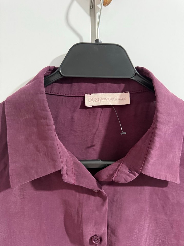 Quzu mürdüm Düğmeli Keten Kadın Gömlek - Görsel 2
