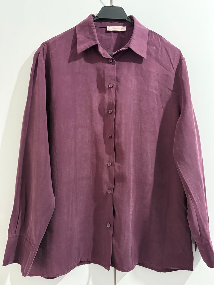 Quzu mürdüm Düğmeli Keten Kadın Gömlek - Görsel 5