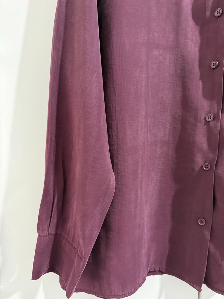 Quzu mürdüm Düğmeli Keten Kadın Gömlek - Görsel 3