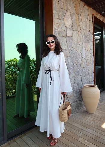 Bohem Tarz Beyaz Uzun Keten Elbise - Görsel 2