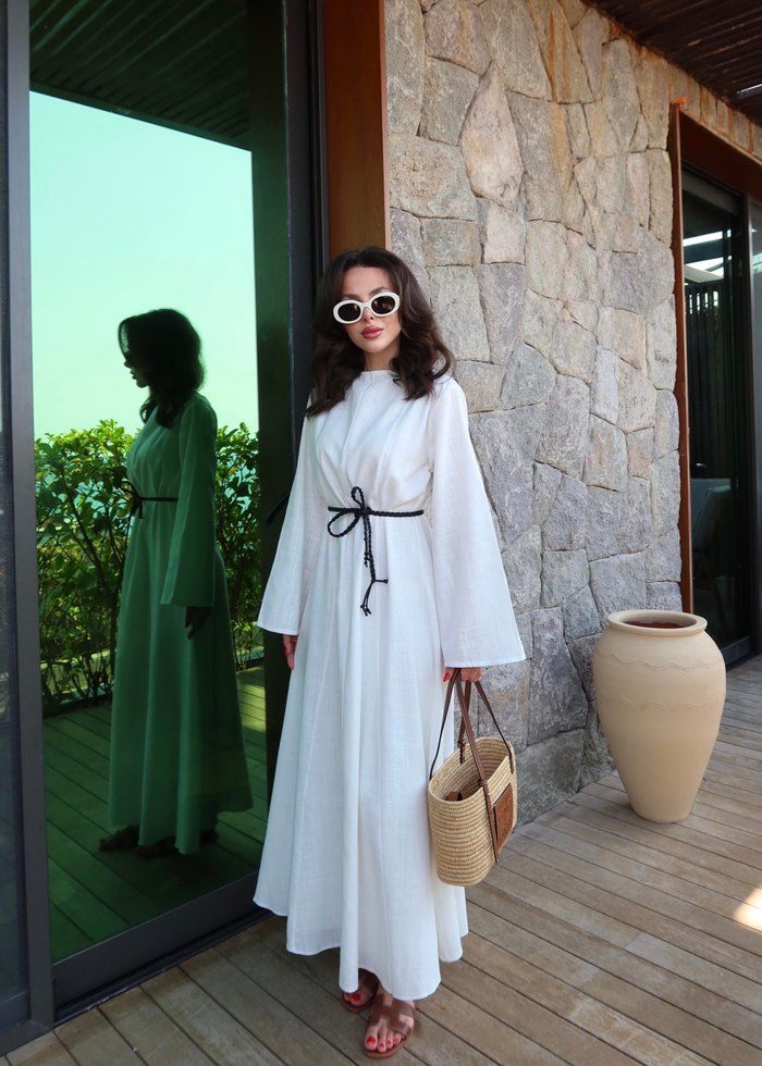 Bohem Tarz Beyaz Uzun Keten Elbise - Görsel 2