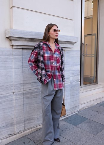 Kadın bordo Gri Ekose Uzun Kollu Gömlek - Görsel 3