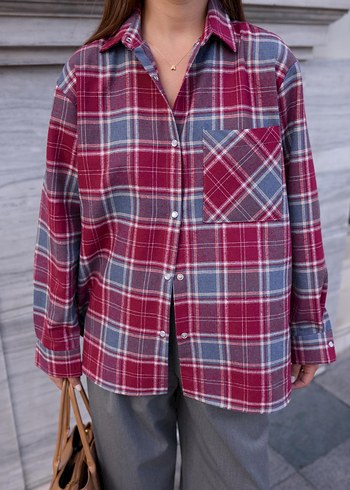 Kadın bordo Gri Ekose Uzun Kollu Gömlek - Görsel 2