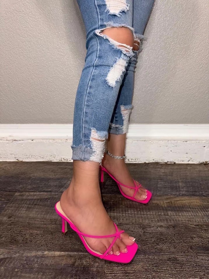 Pembe Topuklu Bağcıklı Denim Sandalet - Görsel 3